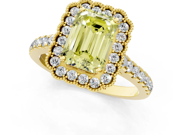 Yellow gold Fancy Yellow Emerald  Cut Diamond Milgrain Floral Halo Engagement Ring with Pavé Band