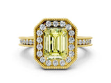 Yellow gold Fancy Yellow Emerald Cut Diamond Milgrain Halo Engagement Ring with Round Pavé Band and Prong Setting_12