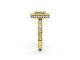 Yellow gold Fancy Yellow Emerald Cut Diamond Milgrain Halo Engagement Ring with Round Pavé Band and Prong Setting_14