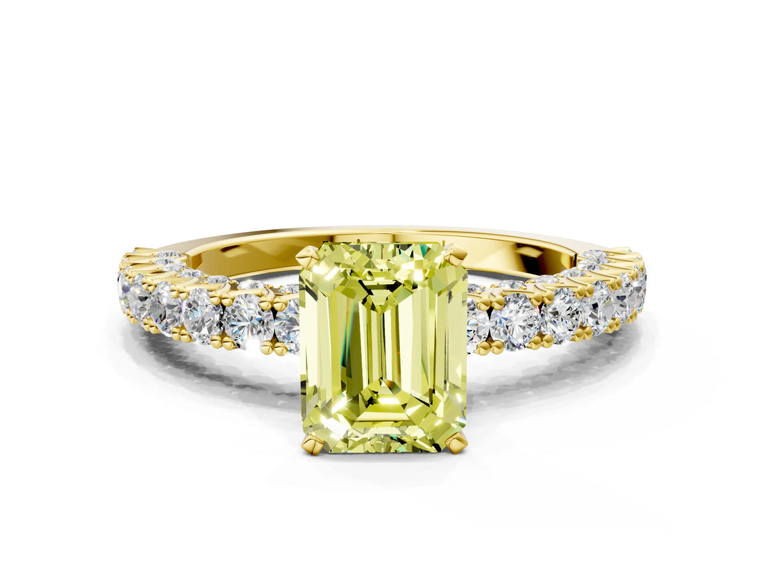 Yellow gold Fancy Yellow Emerald Cut Diamond Pavé Band Solitaire Ring with Prong Setting_44