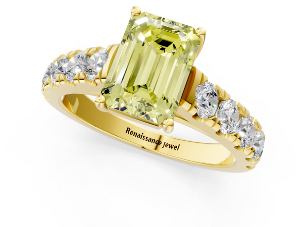 Yellow gold Fancy Yellow Emerald  Cut Diamond Solitaire Ring with Micro Pave Band and Prong Setting