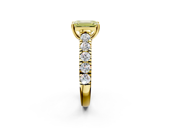Yellow gold Fancy Yellow Emerald  Cut Diamond Solitaire Ring with Micro Pave Band and Prong Setting