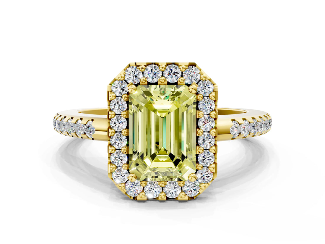 Yellow gold Fancy Yellow Emerald Cut Diamond Pavé Halo Ring with Four-Prong Setting_36