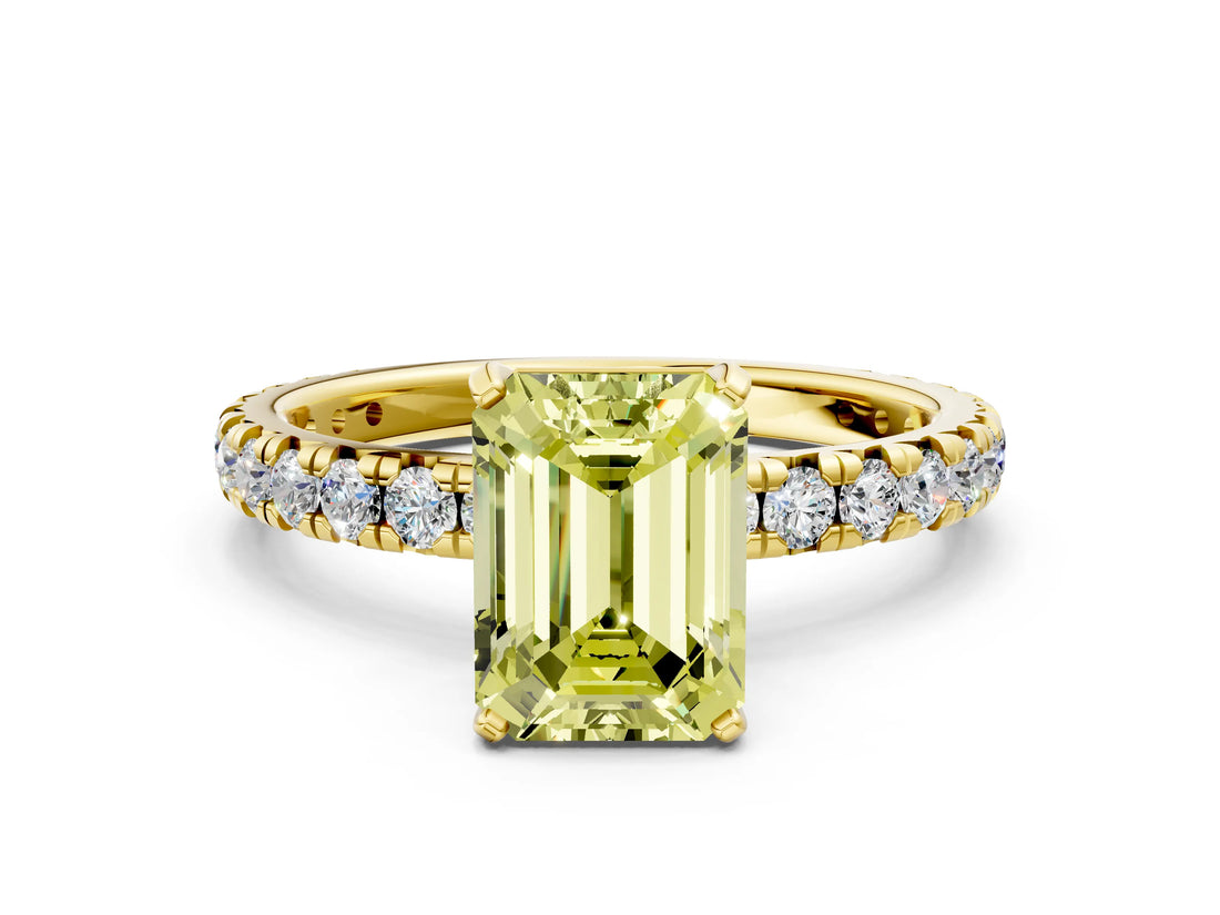 Yellow gold Fancy Yellow Emerald Cut Diamond Pavé Solitaire Ring with Round Band and Prong Setting_12