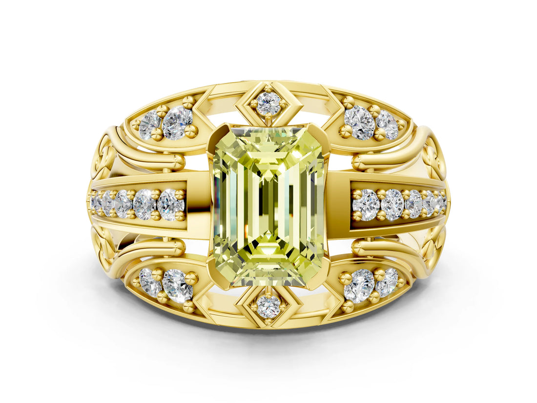 Yellow gold Fancy Yellow Emerald Cut Diamond Pave Art Deco Split Shank Ring with Four-Prong Setting