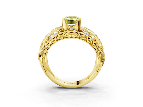 Yellow gold Fancy Yellow Emerald Cut Diamond Pave Art Deco Split Shank Ring with Four-Prong Setting