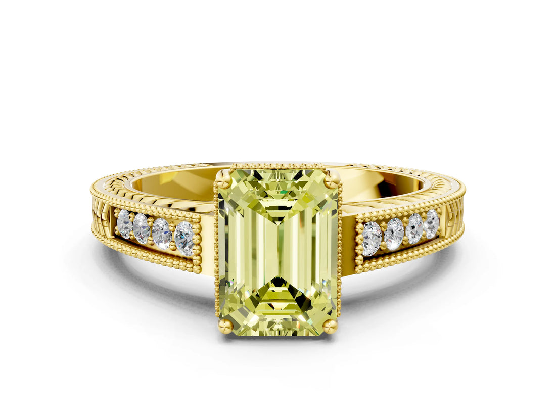 Yellow gold Fancy Yellow Emerald Cut Diamond Ring with Milgrain Pavé Band and Four-Prong Setting_20