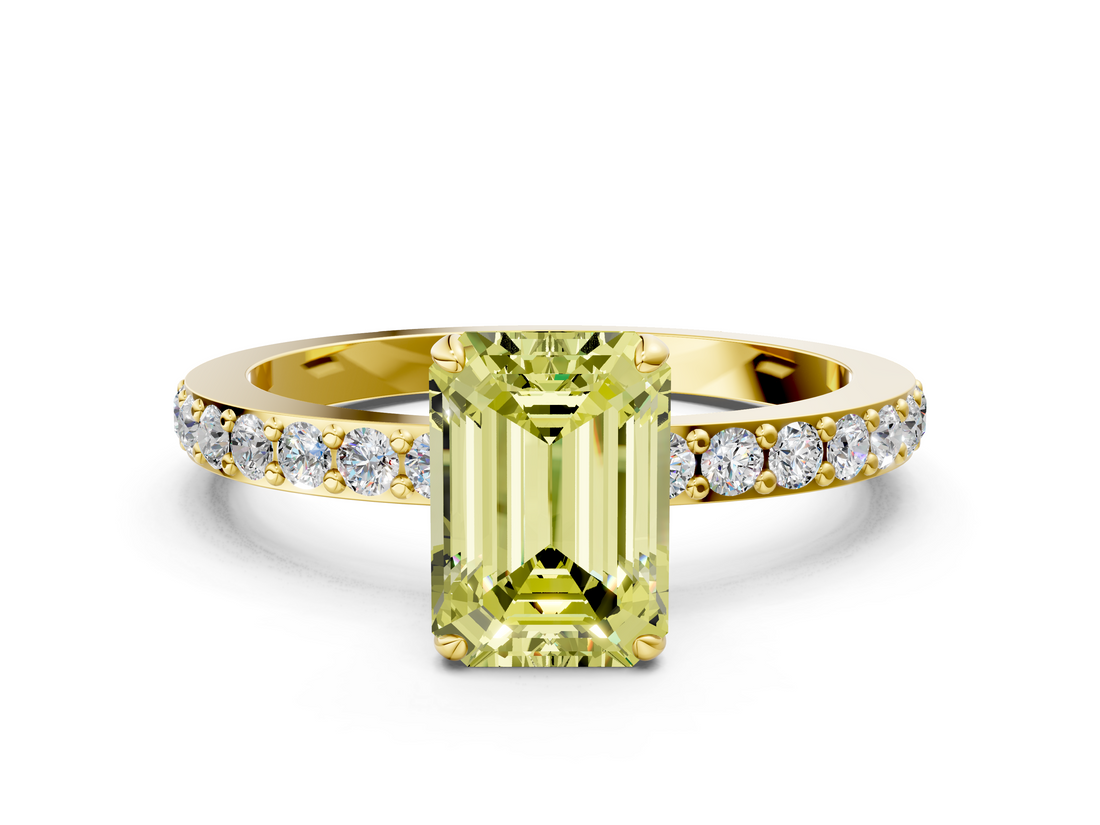 Yellow gold Fancy Yellow Emerald  Cut Diamond Ring with Pavé Band and Four-Prong Setting_79