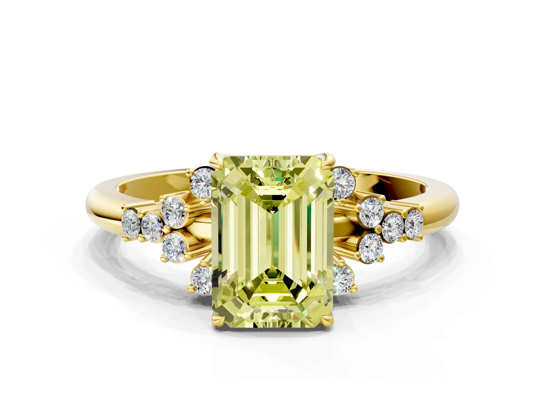 Yellow gold Fancy Yellow Emerald Cut Diamond Ring with Side Stones and Four-Prong Setting_109