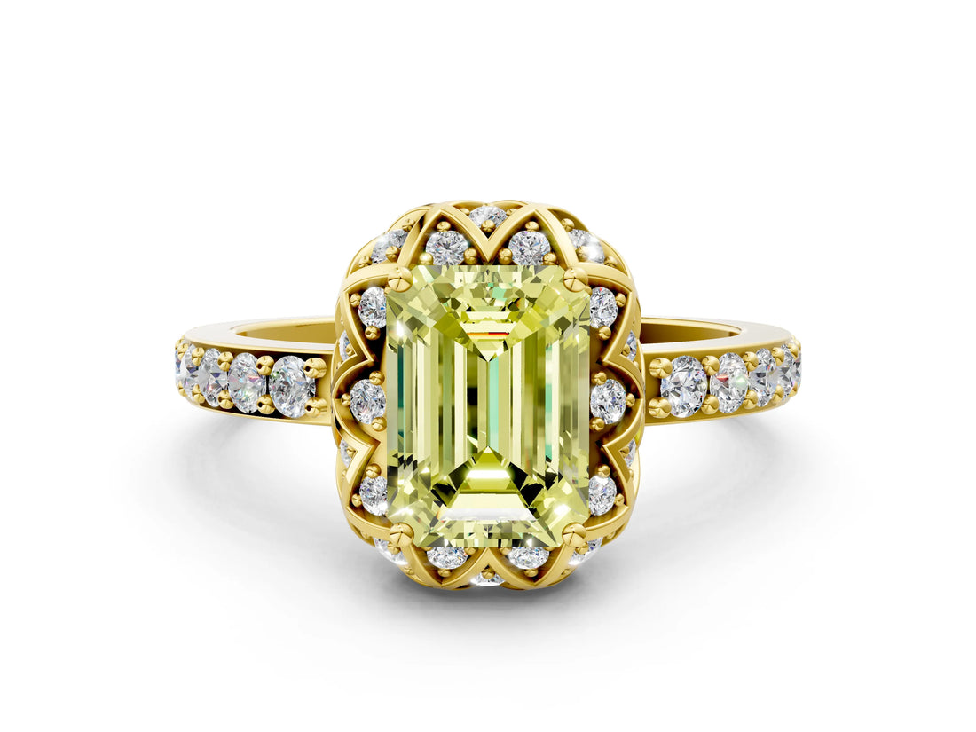 Yellow gold Fancy Yellow Emerald Cut Diamond Scalloped Halo Engagement Ring with Round Shared Prong Band_12