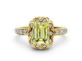 Yellow gold Fancy Yellow Emerald Cut Diamond Scalloped Halo Engagement Ring with Round Shared Prong Band_12