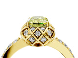 Yellow gold Fancy Yellow Emerald Cut Diamond Scalloped Halo Engagement Ring with Round Shared Prong Band_16