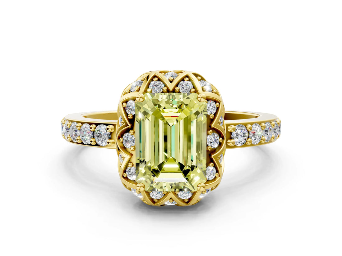 Yellow gold Fancy Yellow Emerald Cut Diamond Scalloped Halo Engagement Ring with Round Shared Prong Band_24