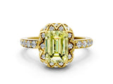 Yellow gold Fancy Yellow Emerald Cut Diamond Scalloped Halo Engagement Ring with Round Shared Prong Band_24