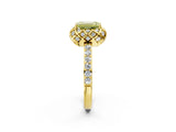 Yellow gold Fancy Yellow Emerald Cut Diamond Scalloped Halo Engagement Ring with Round Shared Prong Band_26
