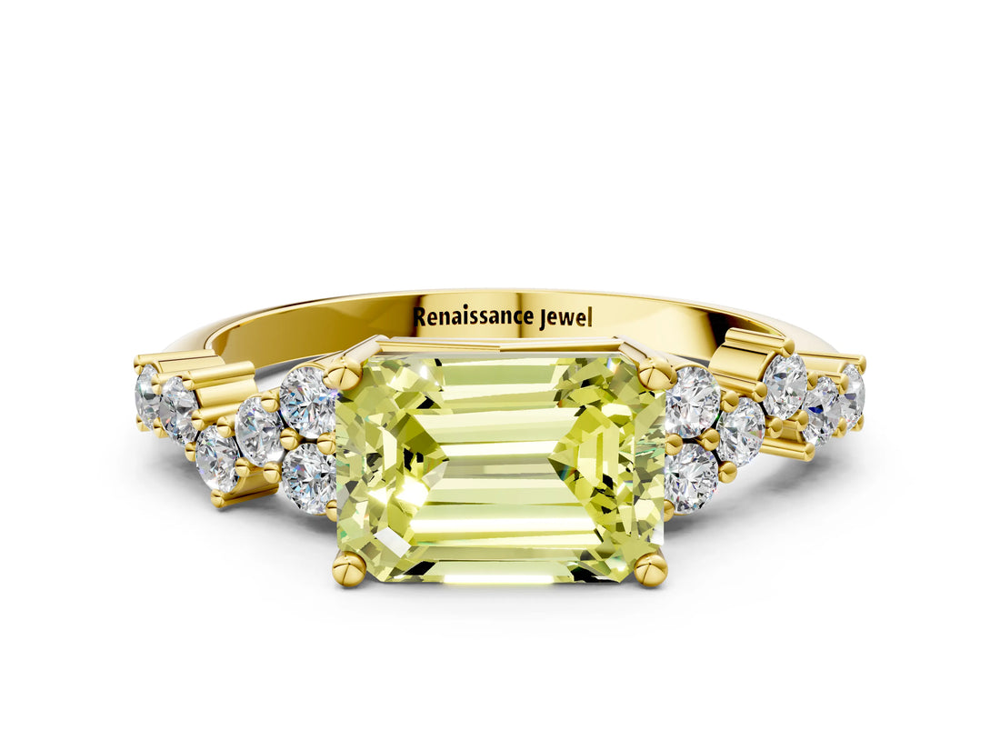 Yellow gold Fancy Yellow Emerald Cut Diamond Scattered Round Accent Ring with Prong Setting_12