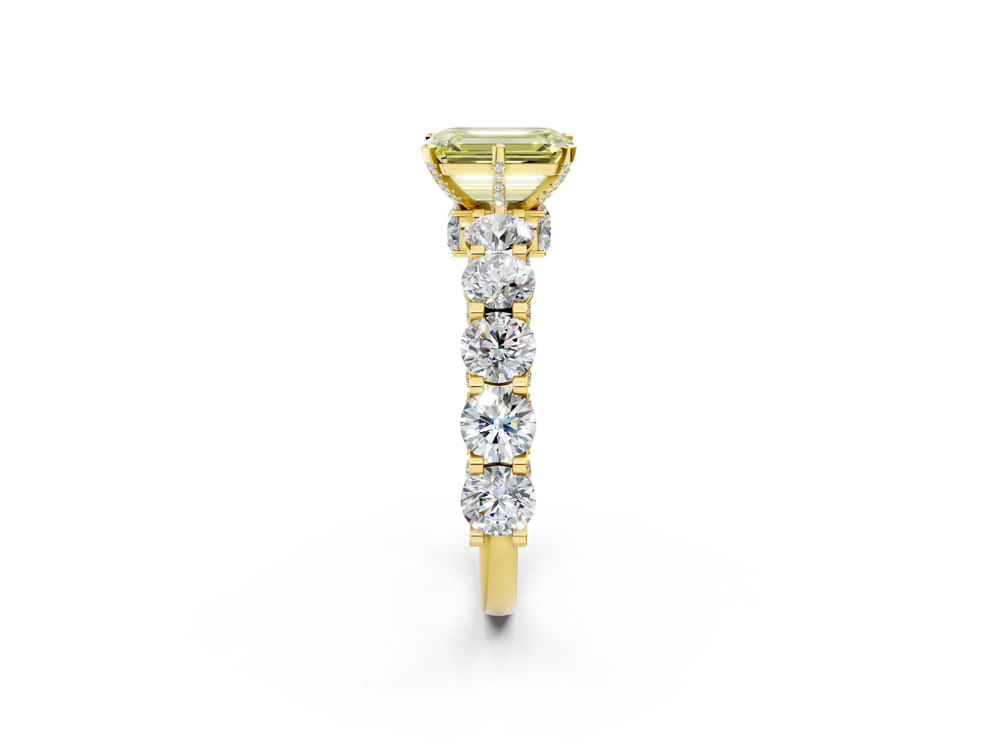 Yellow gold Fancy Yellow Emerald Cut Diamond Side Stone Engagement Ring with Four-Prong Setting_26