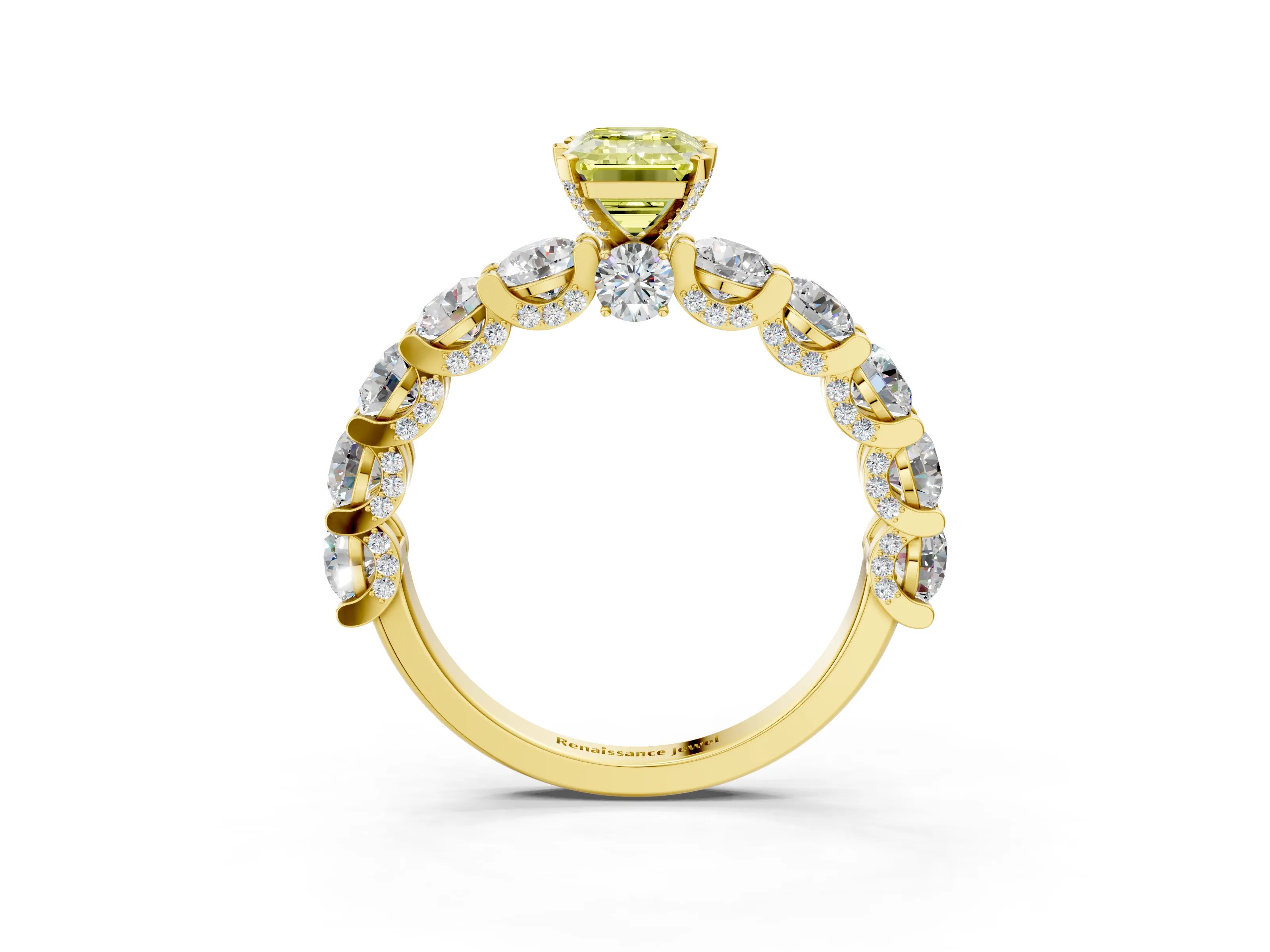 Yellow gold Fancy Yellow Emerald Cut Diamond Side Stone Engagement Ring with Four-Prong Setting_27