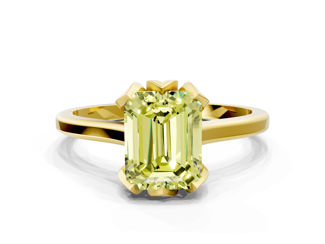 Yellow gold Fancy Yellow Emerald Cut Diamond Solitaire Ring with Flower Prong Setting and Classic Band_103