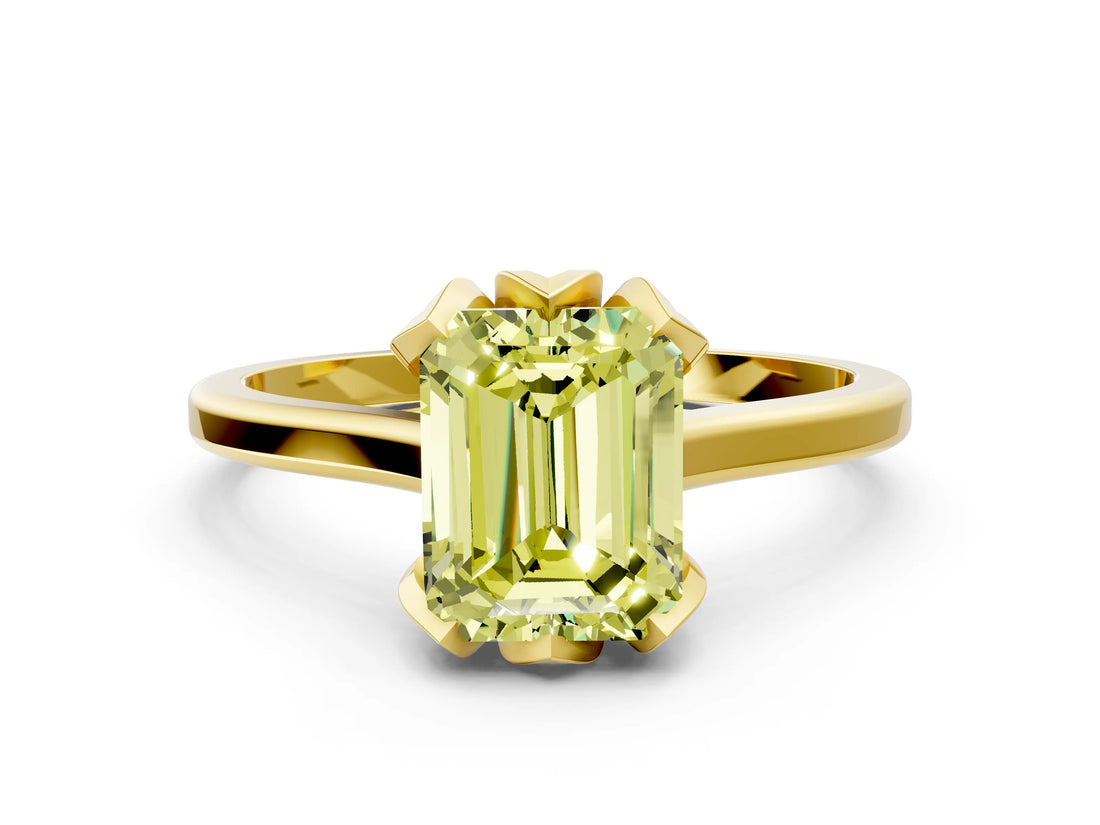 Yellow gold Fancy Yellow Emerald Cut Diamond Solitaire Ring with Flower Prong Setting and Classic Band_12