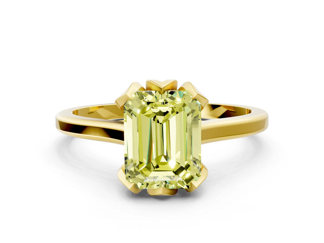 Yellow gold Fancy Yellow Emerald Cut Diamond Solitaire Ring with Flower Prong Setting and Classic Band_36