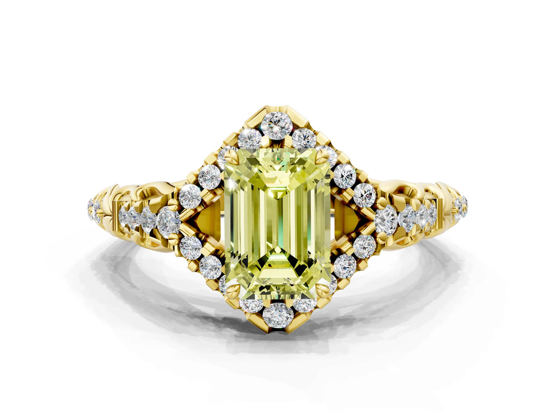 Yellow gold Fancy Yellow Emerald Cut Diamond Solitaire Ring with Hidden Halo and Pavé Band_27