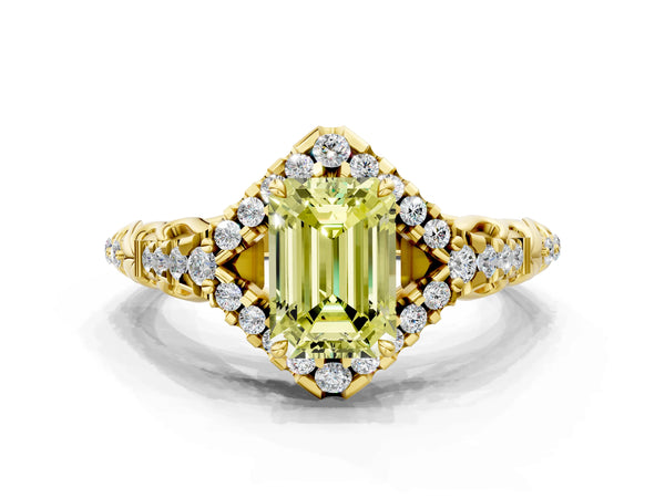 Yellow Gold Emerald Cut Hidden Halo Engagement Ring Setting for Fancy Yellow Center with Pave Band
