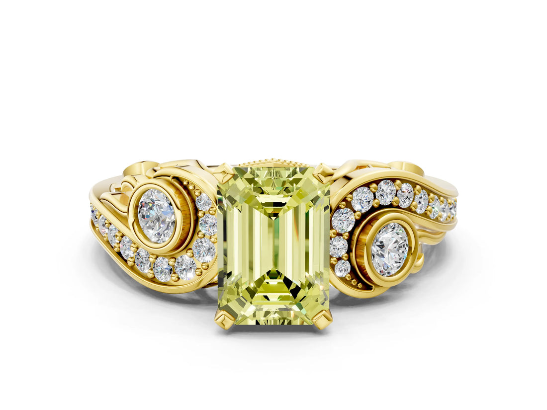 Yellow gold Fancy Yellow Emerald Cut Diamond Solitaire Ring with Milgrain Pavé Band and Four-Prong Setting_172