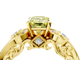 Yellow gold Fancy Yellow Emerald Cut Diamond Solitaire Ring with Milgrain Pavé Band and Four-Prong Setting_176