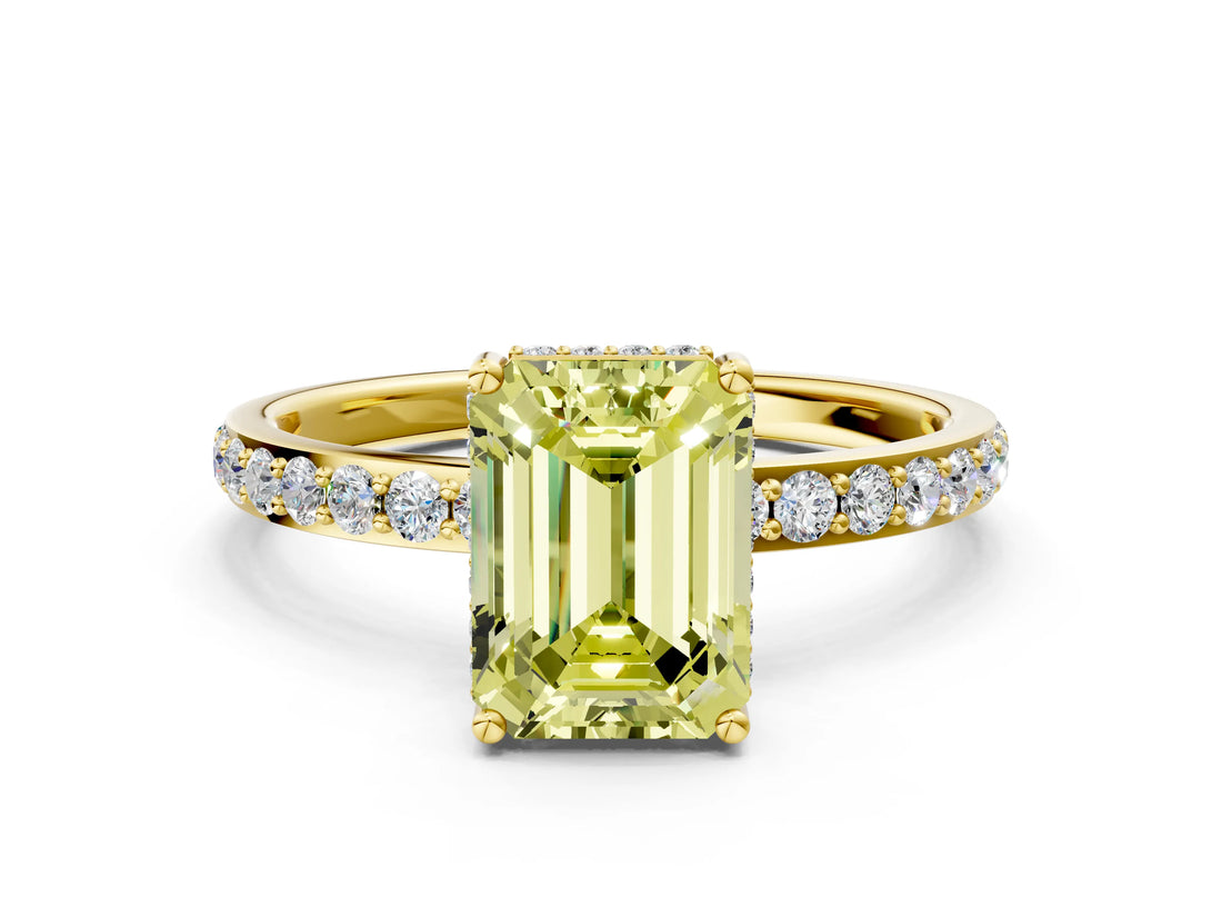 Yellow gold Fancy Yellow Emerald Cut Diamond Solitaire Ring with Pavé Band and Hidden Halo_21