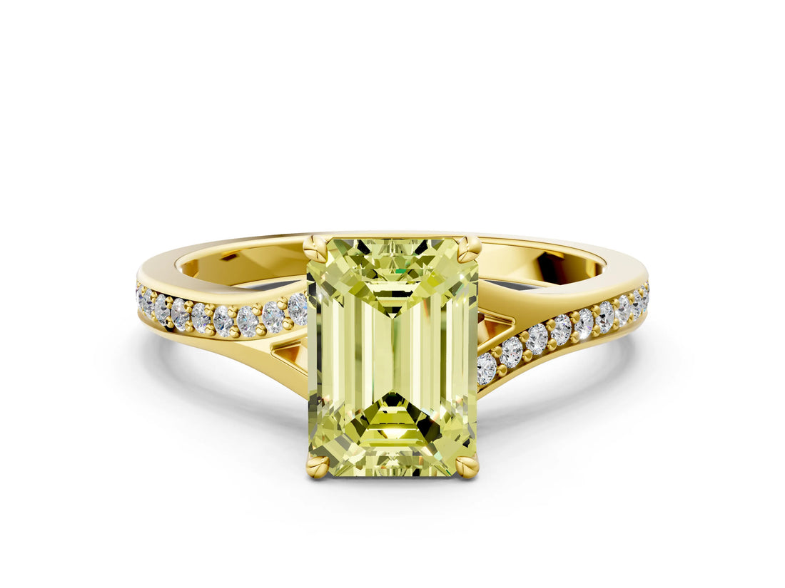 Yellow gold Fancy Yellow Emerald Cut Diamond Solitaire Ring with Pavé Band and Prong Setting_12