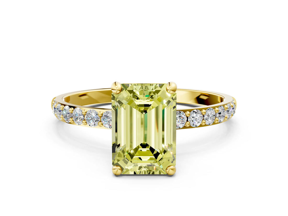 Yellow gold Fancy Yellow Emerald Cut Diamond Solitaire Ring with Pave Band and Four Prong Setting_73