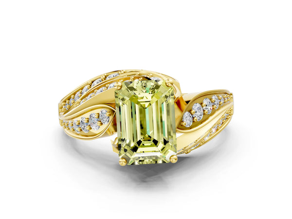 Yellow gold Fancy Yellow Emerald Cut Diamond Solitaire Ring with Prong Setting and Twisted Pavé Band