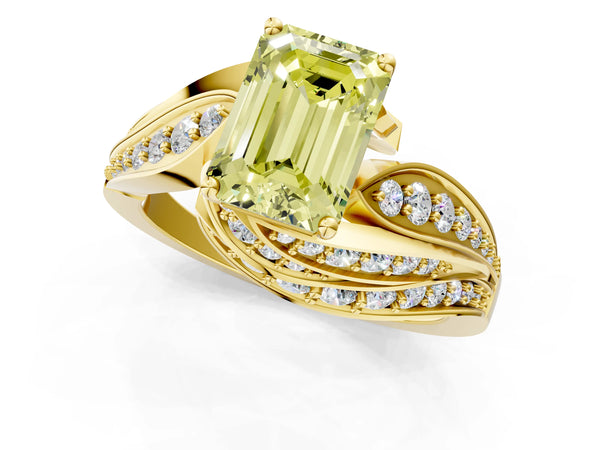 Yellow gold Fancy Yellow Emerald Cut Diamond Solitaire Ring with Prong Setting and Twisted Pavé Band