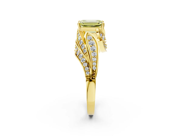Yellow gold Fancy Yellow Emerald Cut Diamond Solitaire Ring with Prong Setting and Twisted Pavé Band