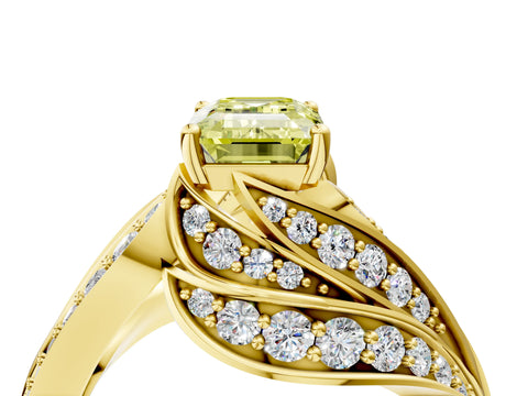 Yellow gold Fancy Yellow Emerald Cut Diamond Solitaire Ring with Prong Setting and Twisted Pavé Band_4