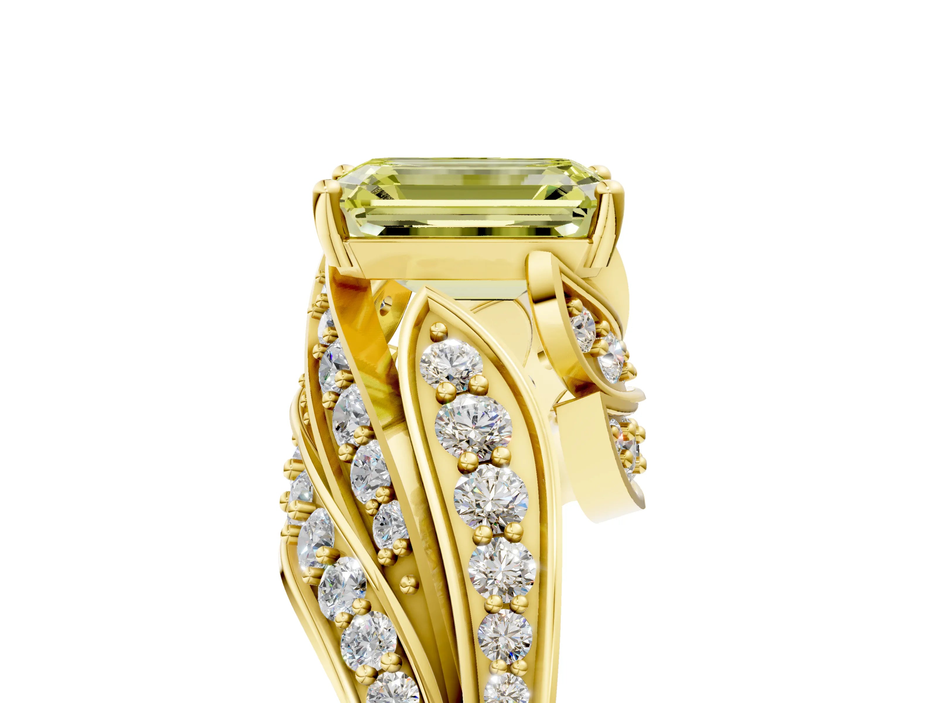 Yellow gold Fancy Yellow Emerald Cut Diamond Solitaire Ring with Prong Setting and Twisted Pavé Band_5
