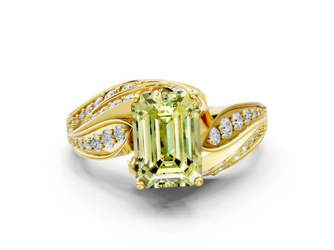 Yellow gold Fancy Yellow Emerald Cut Diamond Solitaire Ring with Prong Setting and Twisted Pavé Band