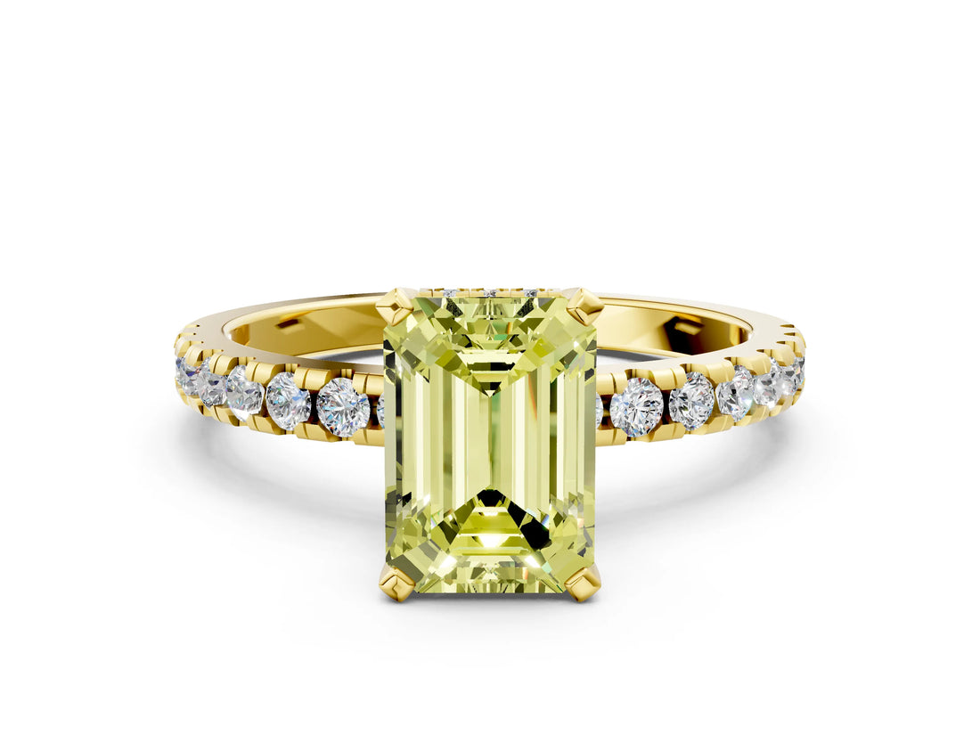 Yellow gold Fancy Yellow Emerald Cut Diamond Solitaire Ring with Round  Pavé Band and Four-Prong Setting_36