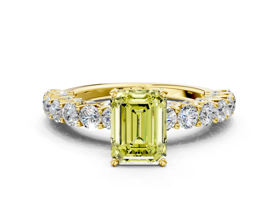 Yellow gold Fancy Yellow Emerald Cut Diamond Solitaire Ring with Shared Prong Pavé Band and Four-Prong Setting_58