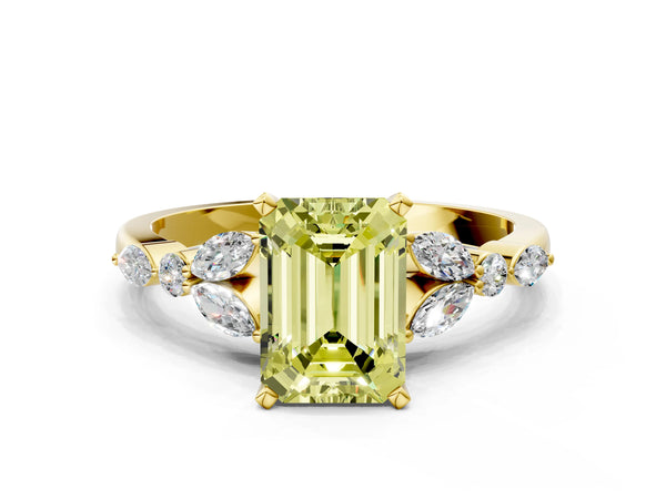Yellow gold Fancy Yellow Emerald Cut Diamond Solitaire Ring with Side Stones and Four-Prong Setting