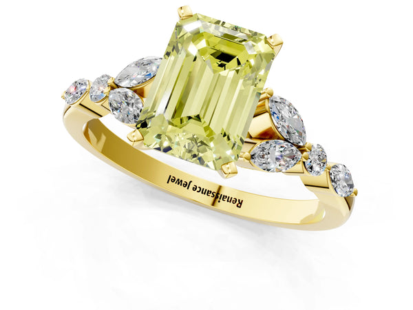 Yellow gold Fancy Yellow Emerald Cut Diamond Solitaire Ring with Side Stones and Four-Prong Setting