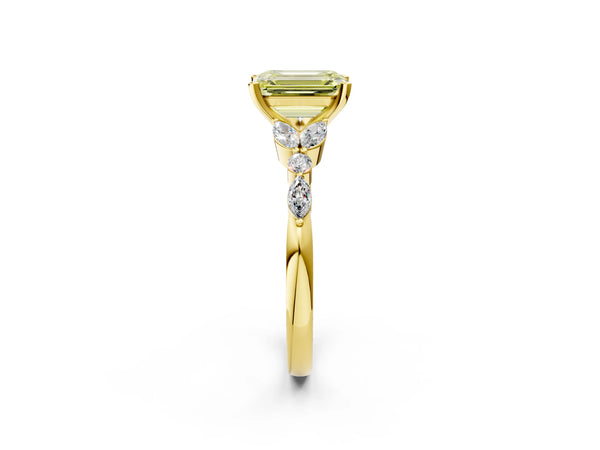 Yellow gold Fancy Yellow Emerald Cut Diamond Solitaire Ring with Side Stones and Four-Prong Setting