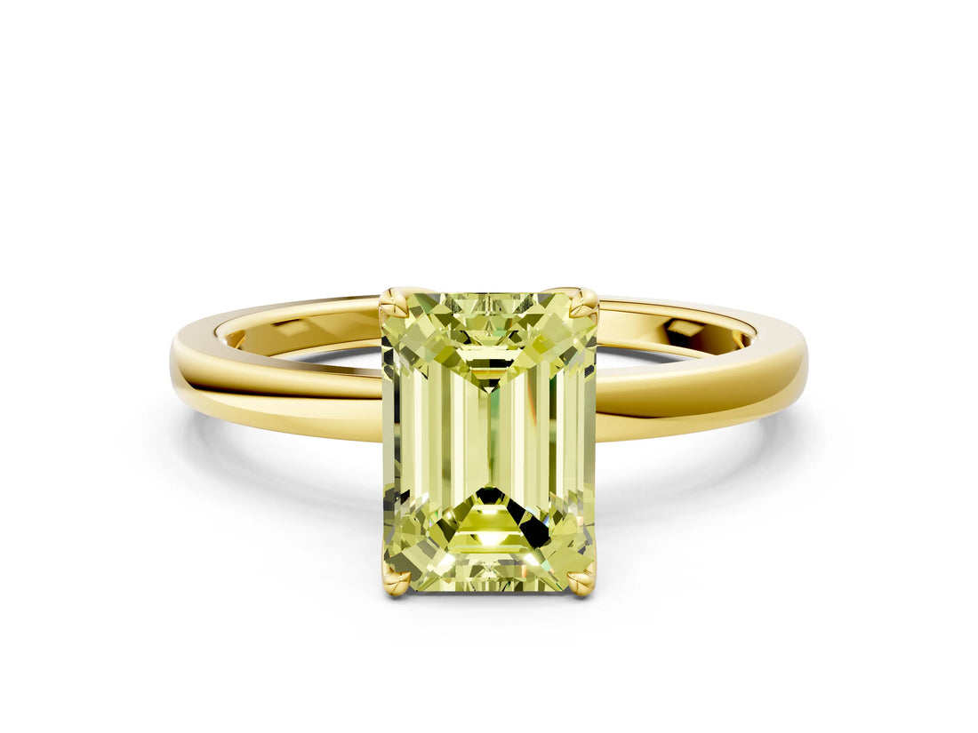 Yellow gold Fancy Yellow Emerald Cut Diamond Solitaire Ring with Thin Band and Prong Setting_12