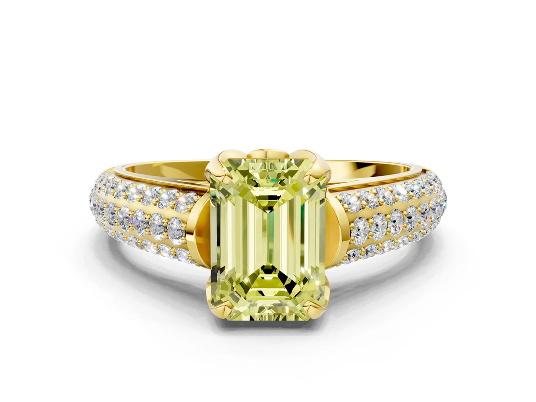 Yellow gold Fancy Yellow Emerald Cut Diamond Solitaire Ring with Three-Row Pavé Band and Four-Prong Setting_37