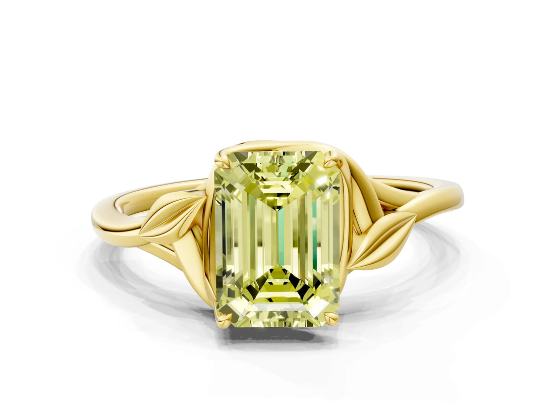 Yellow gold Fancy Yellow Emerald Cut Diamond Solitaire Ring with Twist Band and Four-Prong Setting_56
