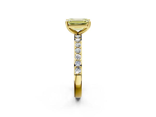 Yellow Gold Emerald Cut Solitaire Engagement Ring Setting for Fancy Yellow Center with Round Pave Band