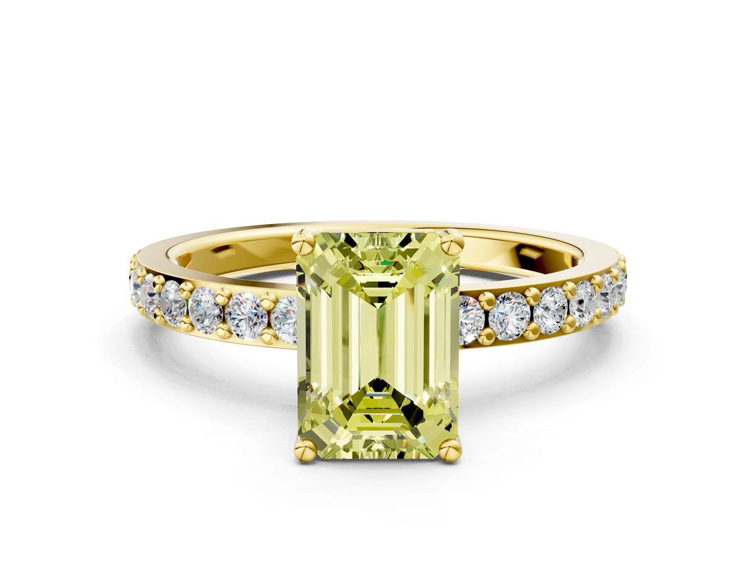 Yellow gold Fancy Yellow Emerald  Cut Diamond Solitaire with Pave Band and Four-Prong Setting