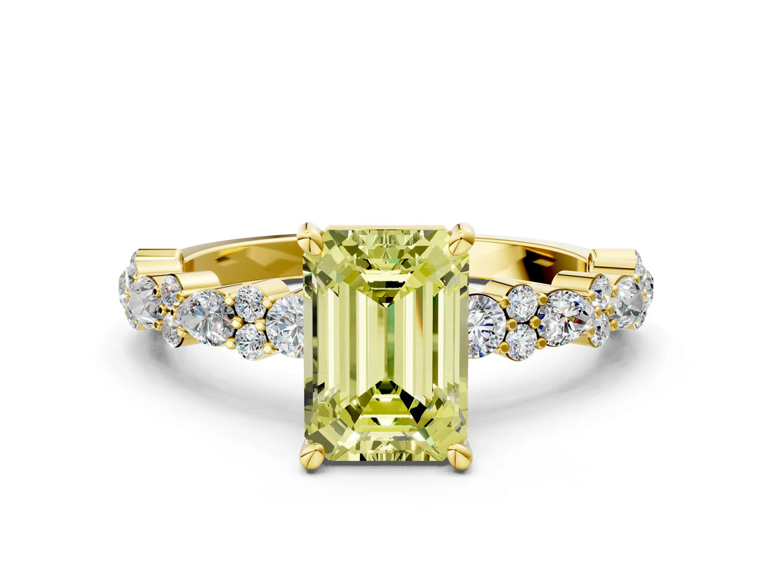 Yellow gold Fancy Yellow Emerald Cut Diamond Solitaire with Side Stones, Pave Band, Four-Prong Setting_88