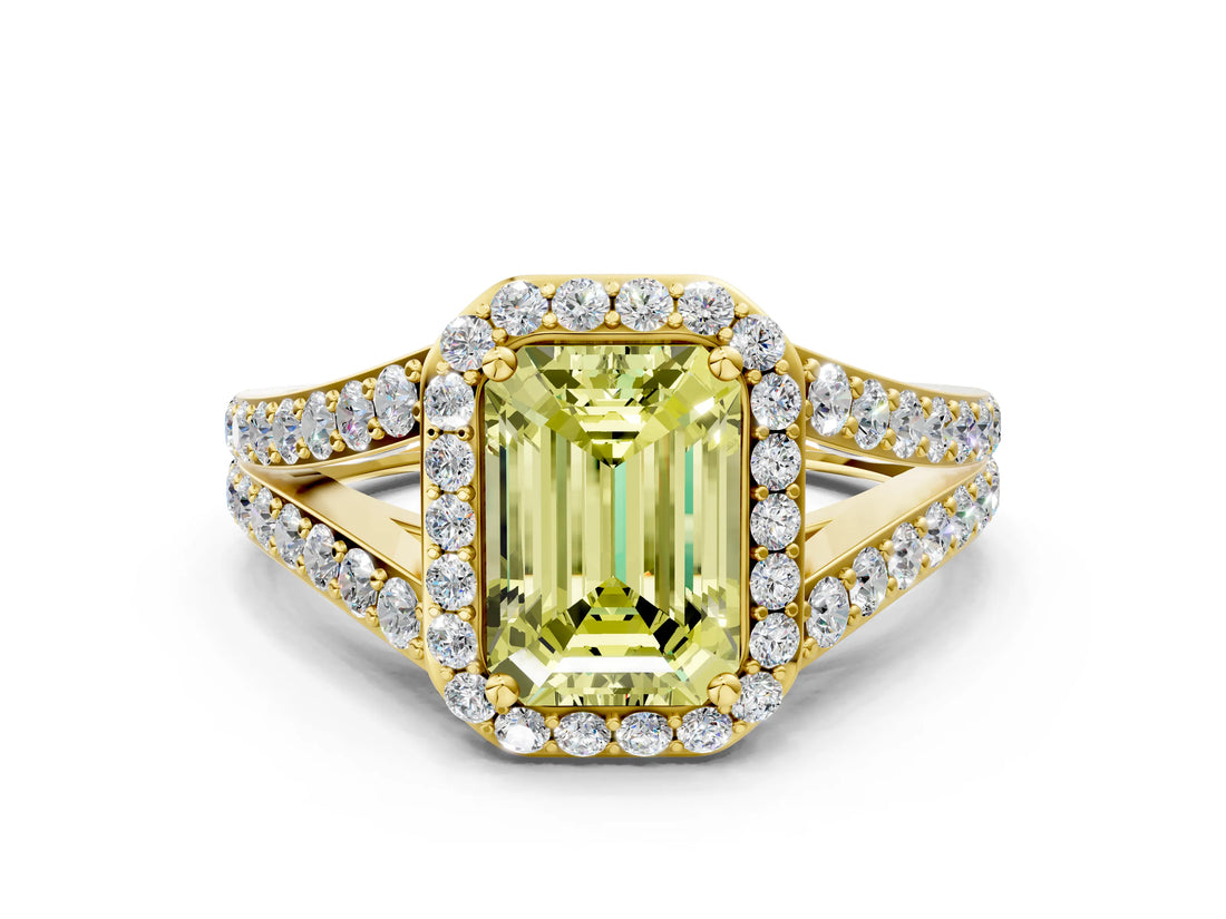 Yellow gold Fancy Yellow Emerald Cut Diamond Split Shank Halo Ring with Four-Prong Setting_41